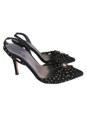 Joey O, Black Suede Leather Size 8 1/2 M, 4" High Stiletto Heels Silver Studs